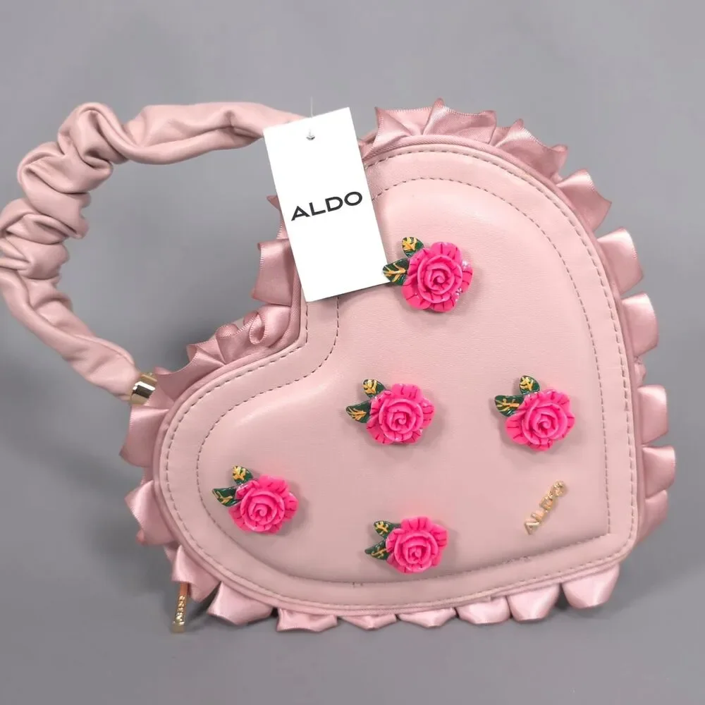 ALDO Womens New Heart Crossbody Bag Floral Ruffle Pink Top Handle Convertible